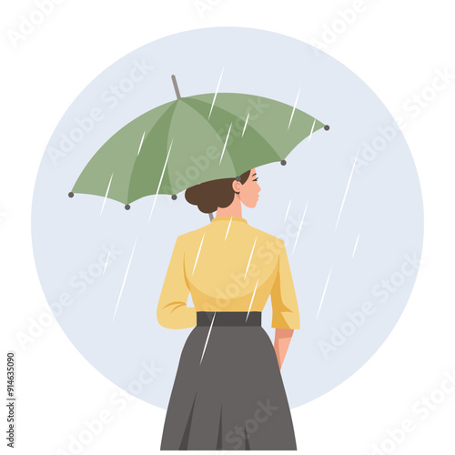Woman with umbrella in the rain. Autumn or spring season. Flat style illustration
