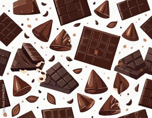 Pieces of natural dark chocolate isolated on white background. ingredients for confectionery
