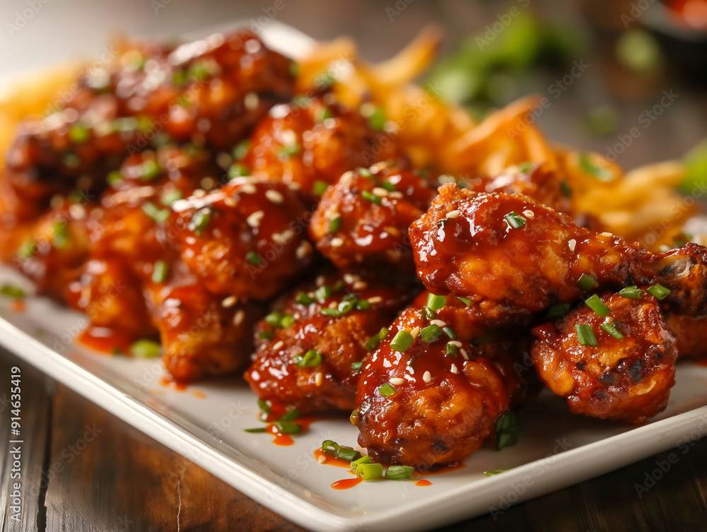 A plate of chicken wings with a side of fries. The chicken wings are covered in a sauce and are arranged in a pile on the plate. The fries are also arranged on the plate A plate of chicken wings with a side of fries. The chicken wings are covered in a sauce and are arranged in a pile on the plate. The fries are also arranged on the plate