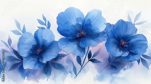 Wallpaper Mural   A painting of three blue flowers with green leaves on a white background, accompanied by a blue watercolor depiction of the same scene Torontodigital.ca