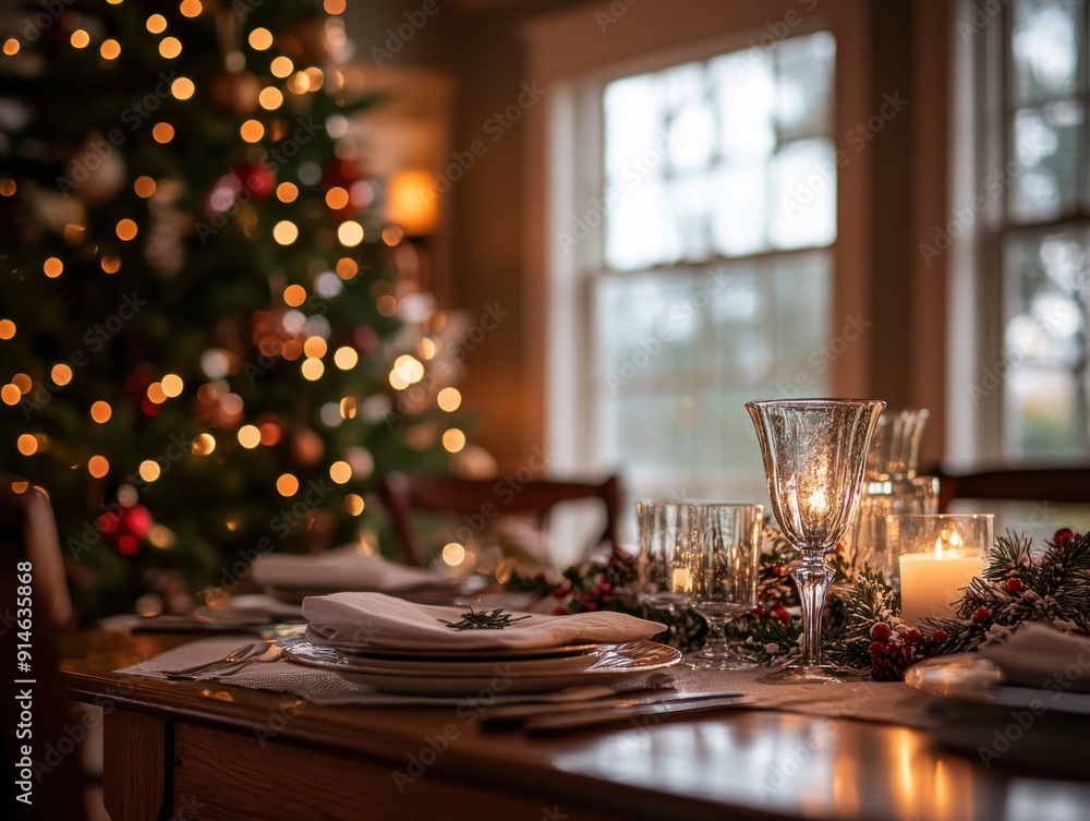 A photograph of a family gathered around the Christmas tree for a holiday meal at home, with a festive table setting A photograph of a family gathered around the Christmas tree for a holiday meal at home, with a festive table setting