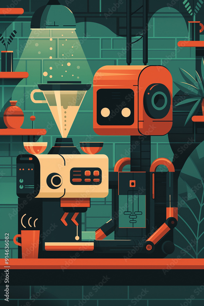 Fototapeta premium A cheerful robot is brewing coffee beside a drip coffee maker in a warmly lit coffee shop filled with plants and colorful decor
