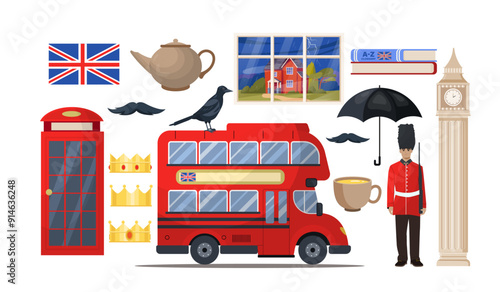 Set of London elements. Phone booth, red bus, patrolman with gun, flag and Big Ben. Sights of Great Britain and United Kingdom landmarks. Flat vector collection isolated on white background