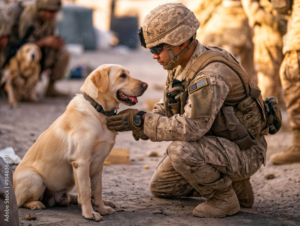 A soldier is petting a dog. The dog is wearing a collar A soldier is petting a dog. The dog is wearing a collar
