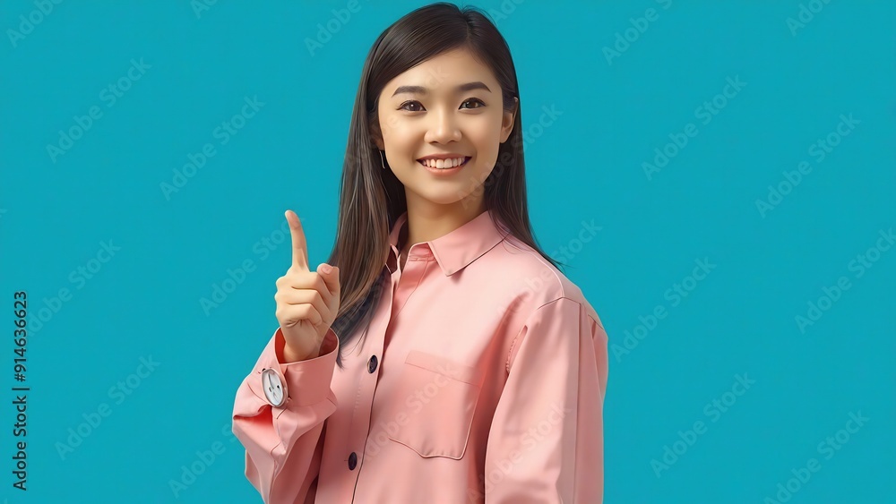 Mujer modelo posando señalando con el dedo índice hacia arriba, fondo verde azulado, rostro expresivo. 