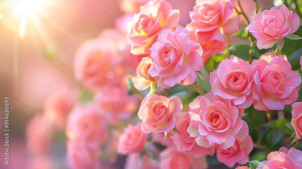A sunny day with pink roses in full bloom, the sun's rays filtering through the lush foliage A sunny day with pink roses in full bloom, the sun's rays filtering through the lush foliage