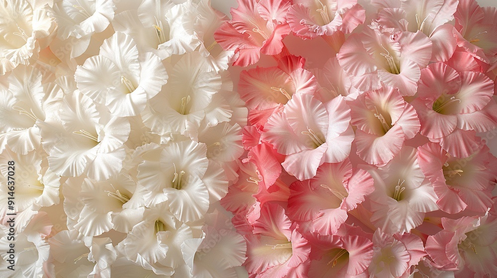 A close-up of various flowers against a white and pink backdrop A close-up of various flowers against a white and pink backdrop
