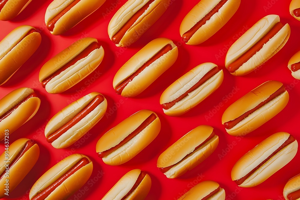 Pattern of Close-Up Hot Dogs on a Red Background Pattern of Close-Up Hot Dogs on a Red Background