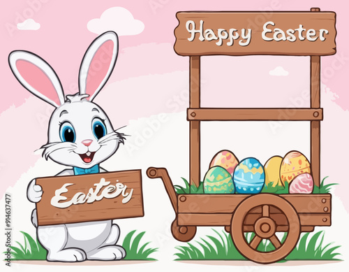 Greeting Easter card. Easter bunny with an easter egg cart with a wooden sign wishing you a happy Easter