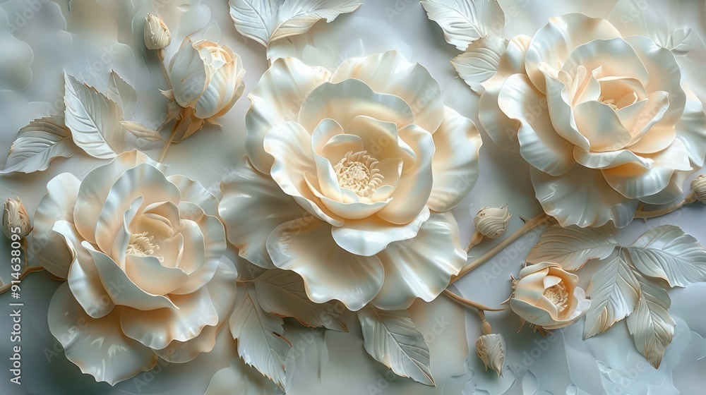 3D relief wallpaper with painting of sculpted rose blossoms and delicate petals, adding a romantic and natural elegance, mural wall art oil painting 3D relief wallpaper with painting of sculpted rose blossoms and delicate petals, adding a romantic and natural elegance, mural wall art oil painting