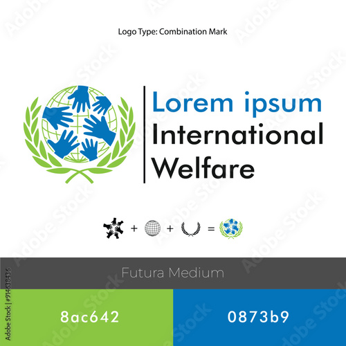 International welfare logo mockup fully editable vector file with some branding with colors with their codes font Futura medium 