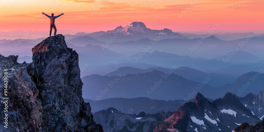 Silhouette of a young hiker on a high cliff at sunset, symbolizing the extreme sports and lifestyle of trekking and climbing