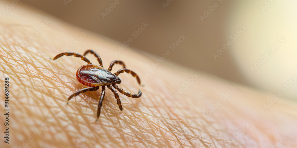 Detailed close-up of a tick on skin, illustrating the potential dangers and health concerns posed by these bloodsucking parasites. Detailed close-up of a tick on skin, illustrating the potential dangers and health concerns posed by these bloodsucking parasites.