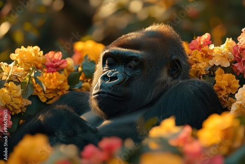 silverback gorilla lounges in lush flower garden exotic blooms frame his contemplative expression soft sunlight filters through tropical foliage