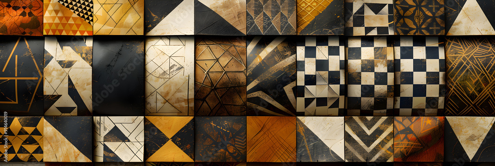 Fototapeta premium Intricate Geometric Pattern Stamps: A Blend of Traditional Motifs and Contemporary Style in Diverse Color Palette