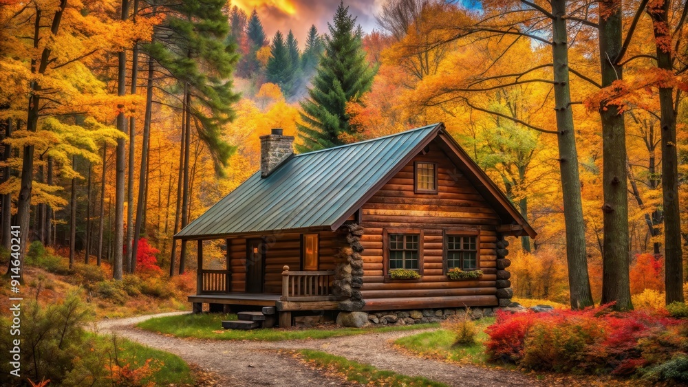 Cozy cabin nestled in a secluded forest setting with autumn colors , house, woods, nature, cabin, cozy, peaceful, secluded, forest Cozy cabin nestled in a secluded forest setting with autumn colors , house, woods, nature, cabin, cozy, peaceful, secluded, forest