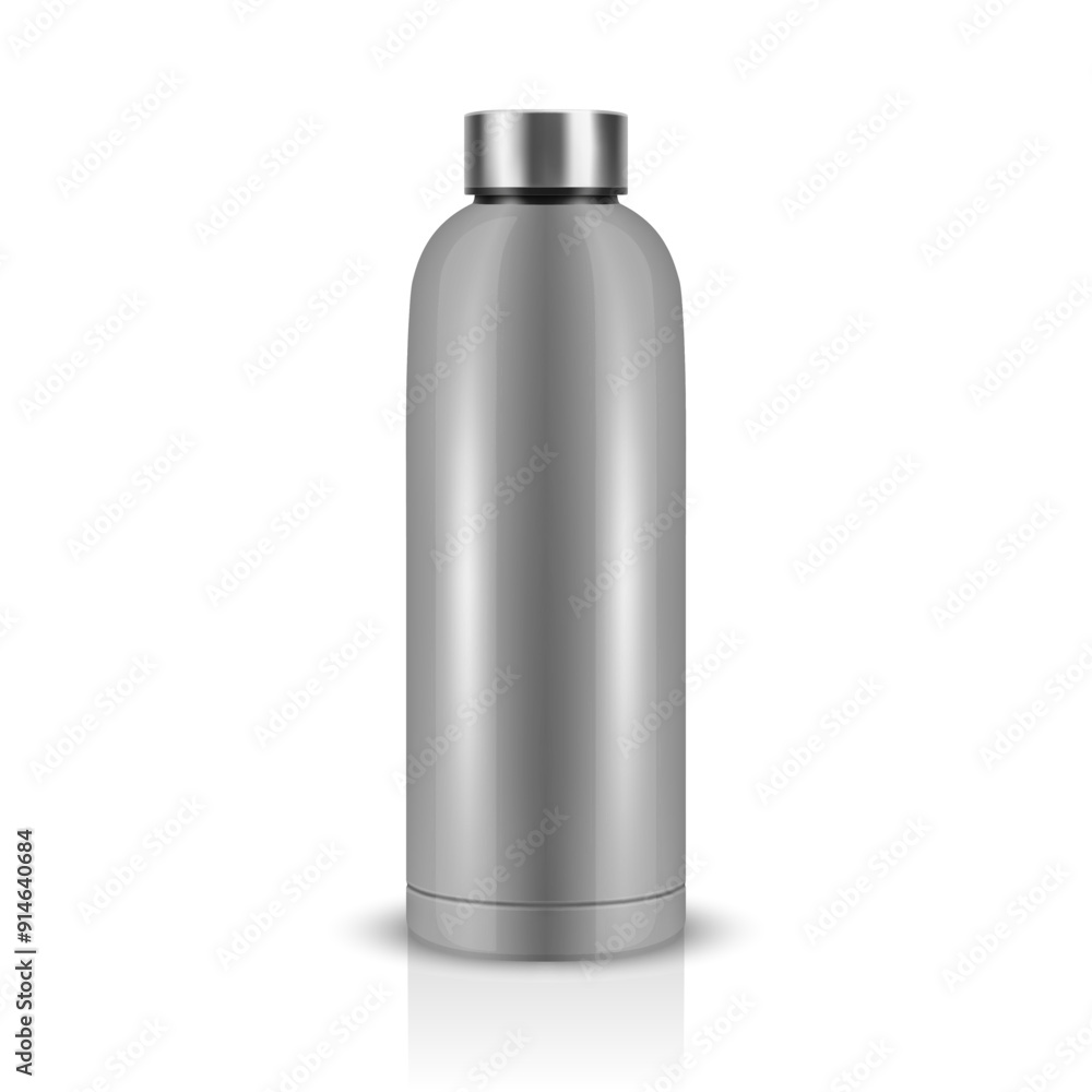 Vector Realistic 3D Gray Blank Glossy Reusable Water Bottle with Silver Bung Closeup Isolated. Design Template of Packaging Mockup. Front View Vector Realistic 3D Gray Blank Glossy Reusable Water Bottle with Silver Bung Closeup Isolated. Design Template of Packaging Mockup. Front View