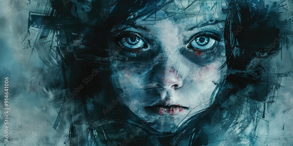 Blue abstract painting with a woman's face. Blue abstract painting with a woman's face.