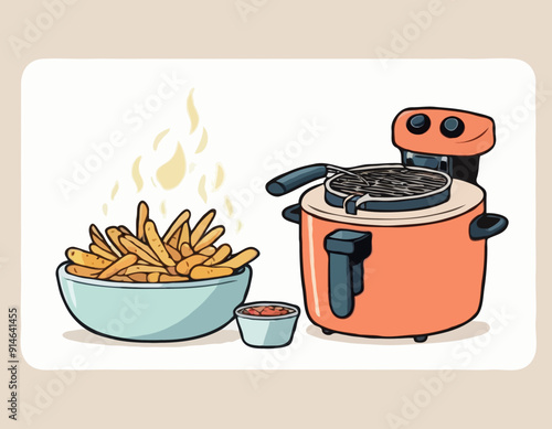 Electric fryer with a bowl of fried potatoes beside. Home appliances, kitchen objects. Cartoon style illustration