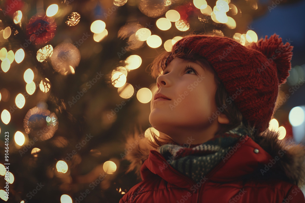 A child in a red knit hat looks up in awe at the glowing lights of a large Christmas tree, capturing the wonder of the holiday season A child in a red knit hat looks up in awe at the glowing lights of a large Christmas tree, capturing the wonder of the holiday season