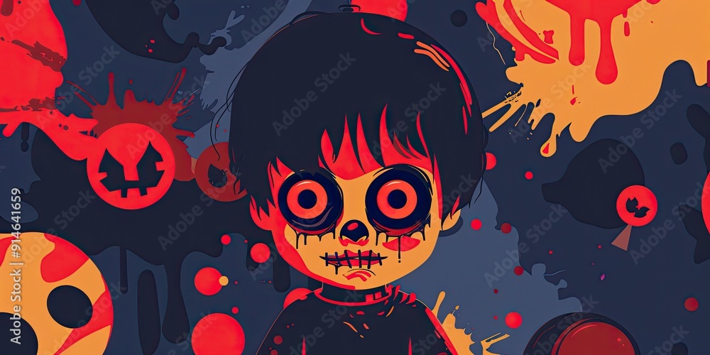 A boy with stitched mouth and large eyes. A boy with stitched mouth and large eyes.