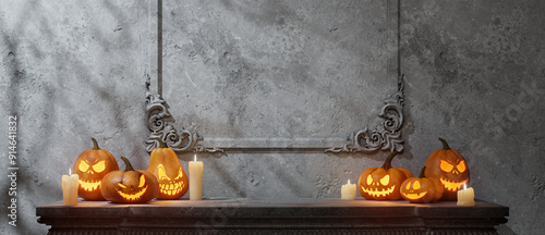 Empty Space with Carved Pumpkins, a Skull, and a Candelabra, Creating a Chilling Halloween Scene with Shadows and Glowing Faces on a Mantelpiece