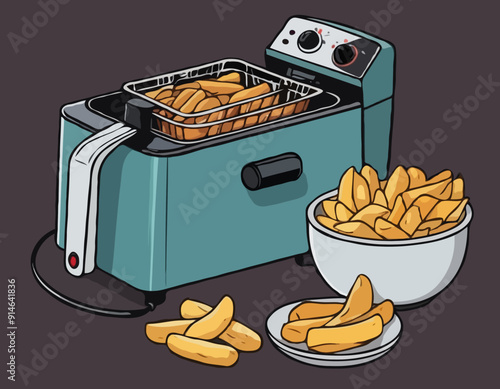 Electric fryer with a bowl of fried potatoes beside. Home appliances, kitchen objects. Cartoon style illustration