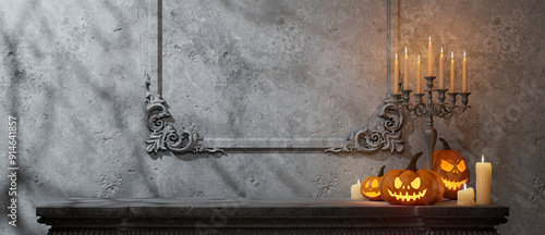 Chilling Halloween Mantel Display Featuring Carved Pumpkins, a Skull, and a Candelabra, Casting Eerie Shadows and Illuminating Glowing Faces