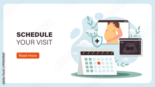 Schedule your visit. Pregnant woman near calendar. Fertility and reproductive system. Doctors appointment planning. Health care and medicine. Landing page. Flat vector illustration