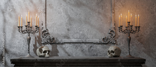 Haunting Halloween Showroom: Eerie Empty Space with Skulls, Candles, and Gothic Decor for a Spooky Atmosphere