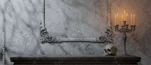 Gothic Halloween Showroom: Eerie Empty Space with Skull, Candelabra, and Ornate Frame for a Spooky Atmosphere
