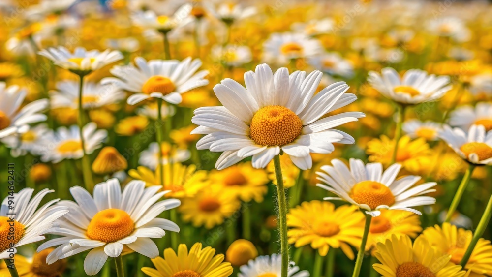 Fototapeta premium Field of vibrant yellow and white daisies in full bloom , spring, flowers, nature, meadow, sunny, petals, outdoor