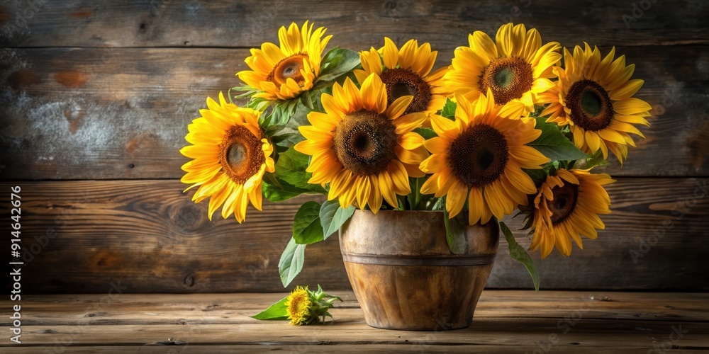 Obraz premium Still life arrangement of bright sunflowers in a rustic vase on a wooden table , sunflowers, still life, vibrant, yellow, rustic