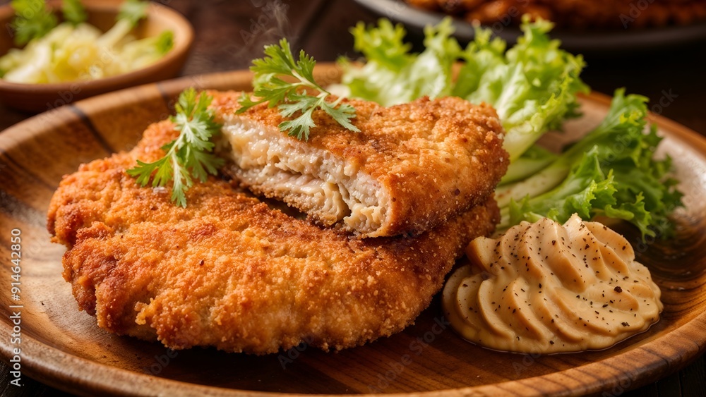 Golden Breaded German Schnitzel Cutlet with Fresh Herbs, Served with Lemon Wedges, Seasoned Fries, and Creamy Mustard Dipping Sauce, Traditional German Schnitzel cutlet Photo Golden Breaded German Schnitzel Cutlet with Fresh Herbs, Served with Lemon Wedges, Seasoned Fries, and Creamy Mustard Dipping Sauce, Traditional German Schnitzel cutlet Photo