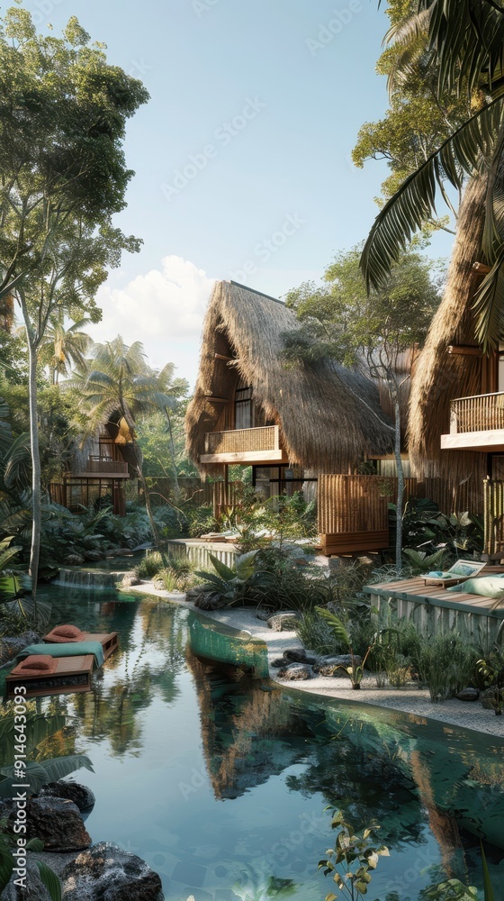 Fototapeta premium Wooden bungalows are set beside a tranquil pool, surrounded by lush greenery and tropical plants under a bright blue sky
