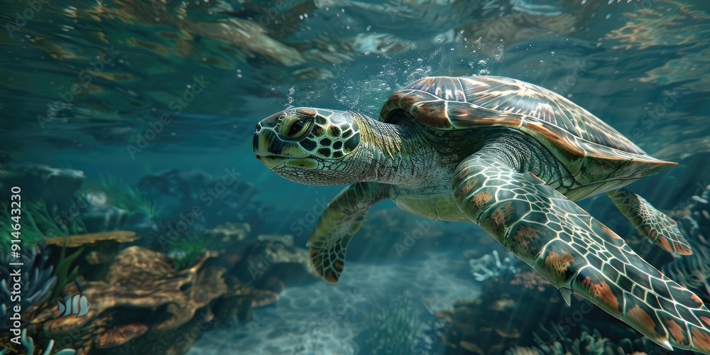 Fototapeta premium Sea turtle swimming in turquoise water.