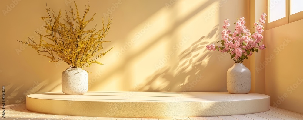 Serene Minimalist Pastel Yellow Podium in 3D Render with Subtle Lighting Serene Minimalist Pastel Yellow Podium in 3D Render with Subtle Lighting