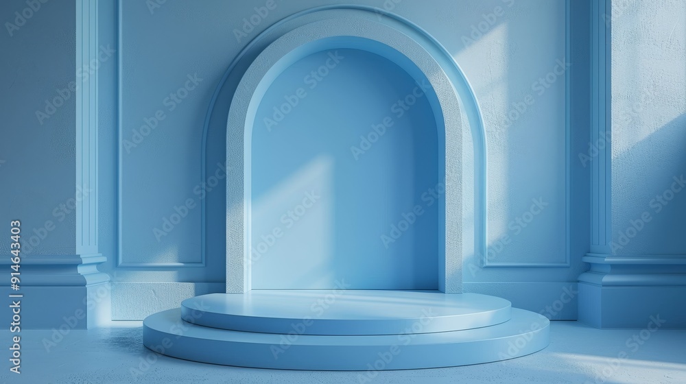 Modern Minimalist 3D Render of Pastel Blue Podium with Smooth Surfaces and Subtle Shadows Modern Minimalist 3D Render of Pastel Blue Podium with Smooth Surfaces and Subtle Shadows