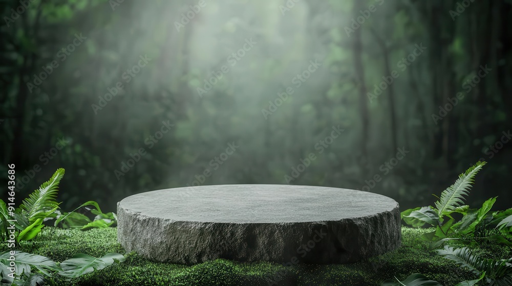 Stone podium in a lush rainforest, tranquility, vibrant nature Stone podium in a lush rainforest, tranquility, vibrant nature
