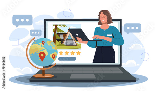 Tourism expert woman. Young girl on laptop screen near globe. Travel and tourism, holiday and vacation. Tour agency agent choose destination. Flat vector illustration isolated on white background