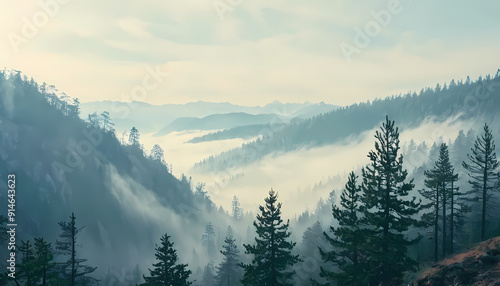 Green mountain forest landscape on a foggy day. Dark and moody forest in a haze. dense pine forest silhouettes in a Misty morning winter season outdoor nature background. 