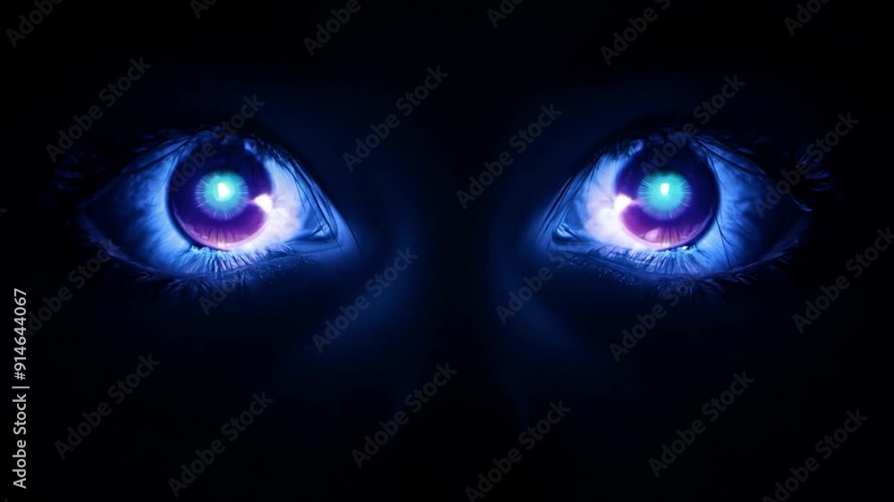 Two dark and frightening eyes glow in the darkness. Two dark and frightening eyes glow in the darkness.