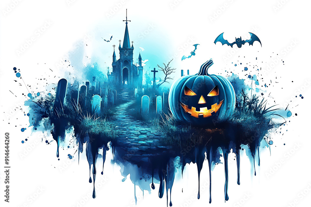 Obraz premium A jack o' lantern sits in front of a church and graveyard in a blue watercolor style. Generated by AI.