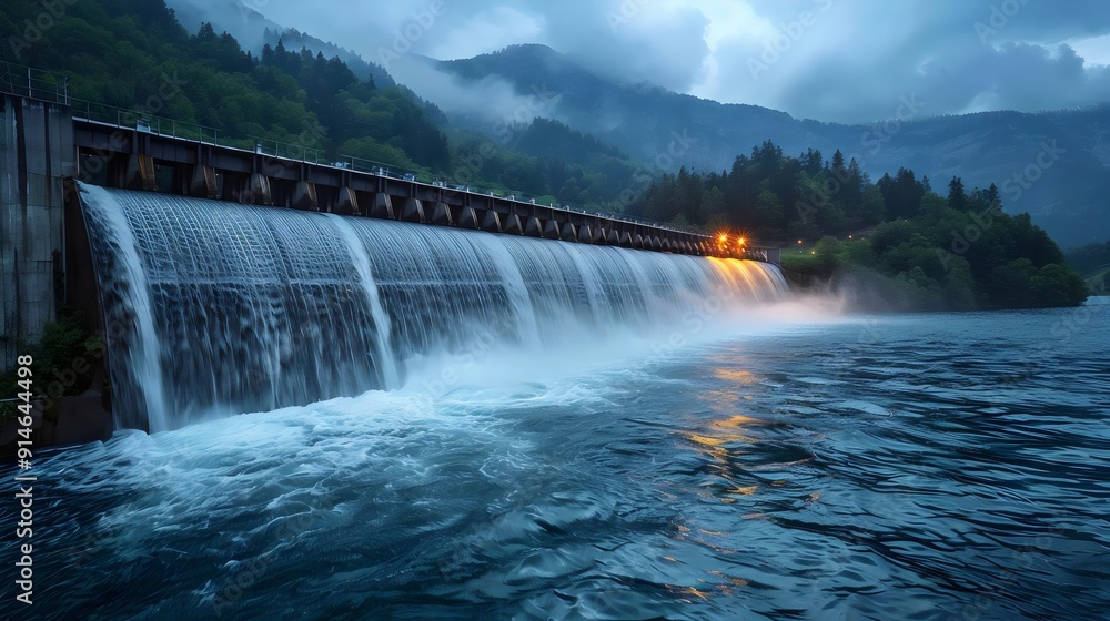 Fototapeta premium A large waterfall is flowing into a body of water