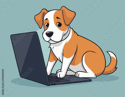 Playful Cartoon Dog Lounging Near a Laptop, Whimsical Style, Vector Artwork, Ideal for Technology-Related Designs.