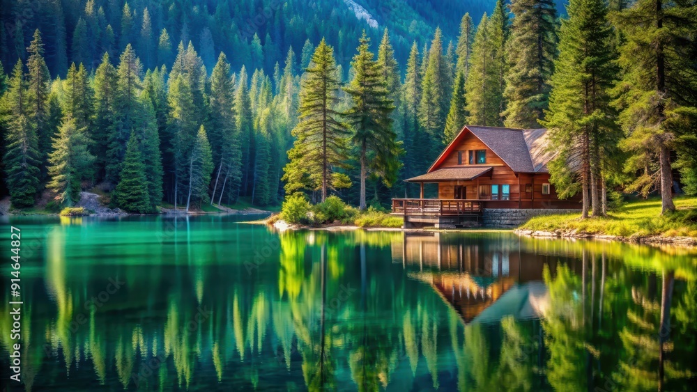 Fototapeta premium Chalet overlooking crystal lake surrounded by tall pine trees, Chalet, crystal lake, pine trees, nature, tranquil, serene