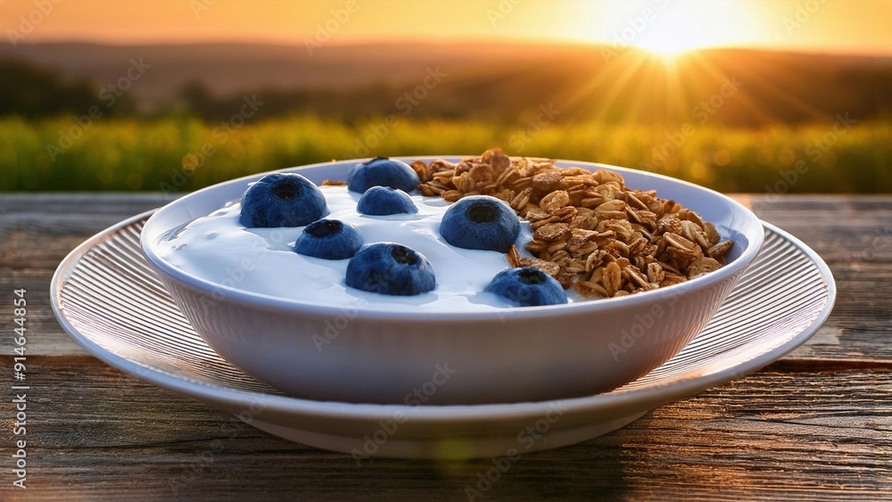 Yogurt, granola, and blueberries in a white bowl on a rustic wooden table. Healthy breakfast outdoors, sunrise time. Yogurt, granola, and blueberries in a white bowl on a rustic wooden table. Healthy breakfast outdoors, sunrise time.