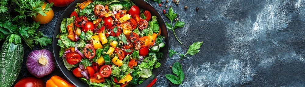 A vibrant salad featuring fresh vegetables like tomatoes, cucumbers, and peppers, perfect for healthy eating and meal prep. A vibrant salad featuring fresh vegetables like tomatoes, cucumbers, and peppers, perfect for healthy eating and meal prep.