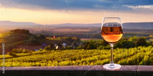 Aszu Tokaji in a glass. A sweet dessert wine from Hungary wine made from overripe grapes. In the background a landscape of the Tokaj wine region.