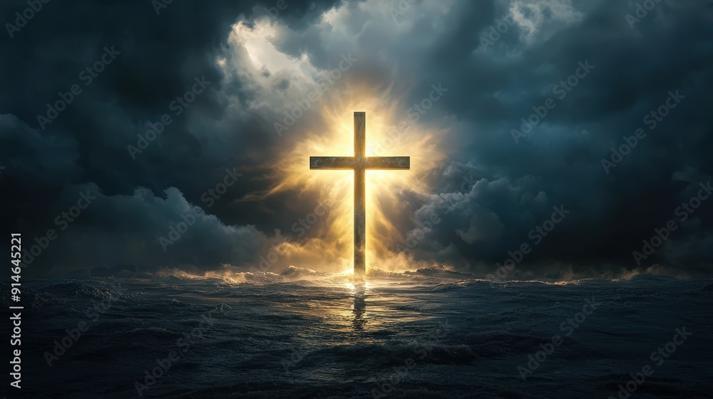 Naklejka premium Cross Illuminated by a Shaft of Light Breaking Through Stormy Clouds Over the Ocean